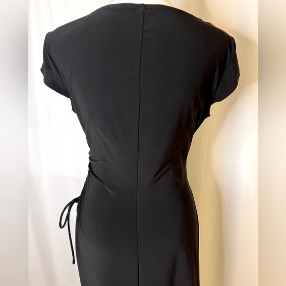 **SOLD** Black Faux Wrap Midi Dress with Flattering Ruched Waist Size 8 - Picture 4 of 9
